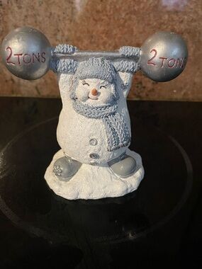 Snowman Weightlifter Figurine - Gray Winter Decor